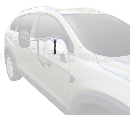 A Mean Mother 4x4 Mirror Towing Strap Suit Mh3006 & Mh3007 is attached to the driver's side mirror of a silver SUV, extending outward with support arms to improve rear visibility while towing.