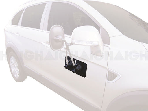 A white SUV features a Mean Mother 4x4 Mirror Towing Base Suits Mh3008 on the driver’s side door, offering enhanced visibility for towing large trailers.