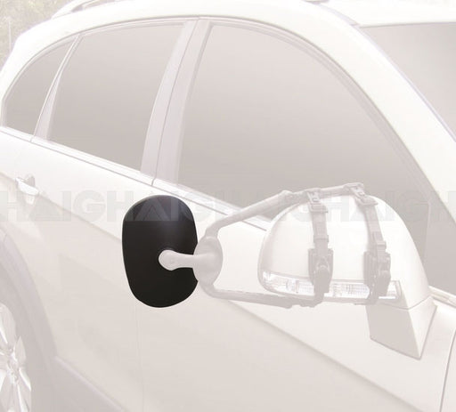 A Mean Mother 4x4 Mirror Towing Head Suits Mh3009 is strapped onto the white SUV's side mirror to improve rear visibility, ideal for towing.