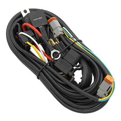 The Mean Mother 4x4 Driving Light 24V Harness features a coiled design with multi-colored wires, connectors, fuse holder, relay, and two black twist ties for secure installation.