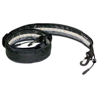 The Mean Mother 4x4 Flex Led Kit - Dc12V Single 600 Amber is a flexible LED strip in a black protective cover, coiled with hooks and power connector on the ends.