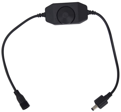 The Mean Mother 4x4 Plastic Dimmer & On/Off Switch Black is an inline switch with a rotary knob, featuring a power input connector on one end and a power output connector on the other.