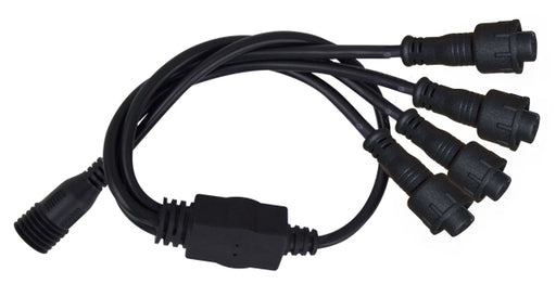 The Mean Mother 4x4 Splitter Cable 4 Way Dual Led is a black electrical cable with one input and four output connectors, all featuring protective coverings.