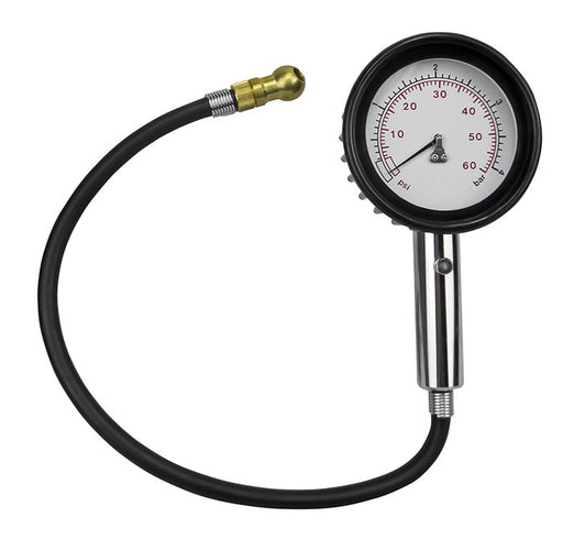 The Mean Mother 4x4 Pressure Gauge Extension Hose 60Psi features a round dial, black hose, brass nozzle, and displays readings in psi and bar.