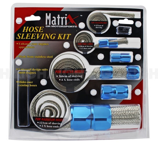 Mean Mother 4x4 Hose Sleeving Kit Blue in retail packaging, includes stainless steel sleeving and blue hose ends for heater and radiator hoses, with product details labeled on the package.