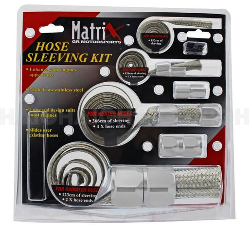 Mean Mother 4x4 Hose Sleeving Kit Silver in retail packaging, featuring stainless steel braided hose sleeves and clamps in various sizes for heater and radiator hoses. Packaging highlights key features and kit contents.