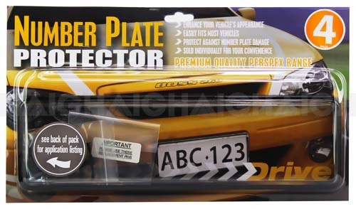 Packaging for Mean Mother 4x4 No.Plate Cover 6Fig.Rear Slim Perspex features a sample plate (ABC 123) and yellow car background. Text highlights easy installation and premium quality perspex protection.