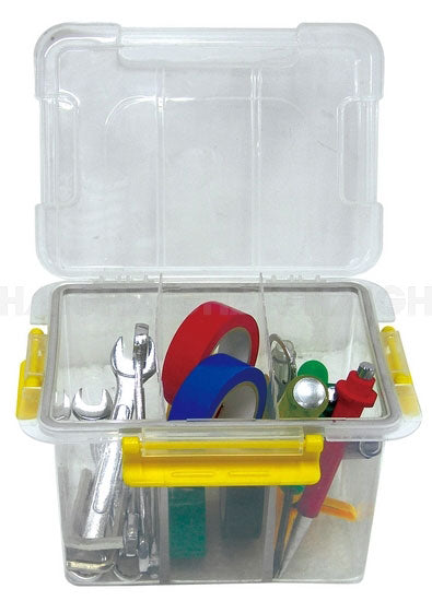 The Mean Mother 4x4 Storage Box Plastic 185X140X123mm features a transparent body, yellow handle, and open lid, storing wrenches, colored tape rolls, pens, and various small tools.