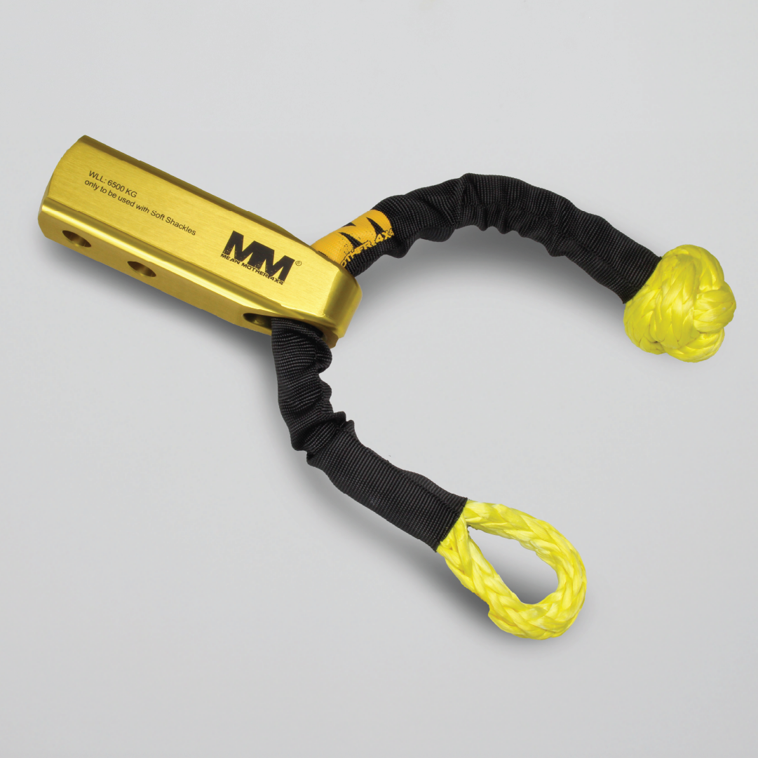 The Mean Mother 4x4 Recovery Hitch & Soft Shackle, featuring a yellow metal hook on a 14" yellow/black synthetic rope with dual loops (700kg rating), is shown on a light gray background—ideal for 4WD recoveries.