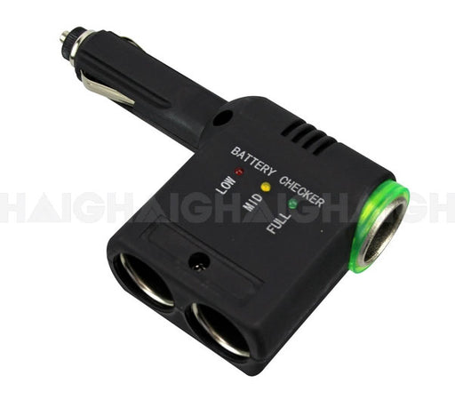 The Mean Mother 4x4 3 Way Socket W/LED Cig Lighter Type is a black adapter with two sockets, a green ring, and an LED battery checker showing low, mid, and full levels. It plugs into your vehicle’s power outlet.