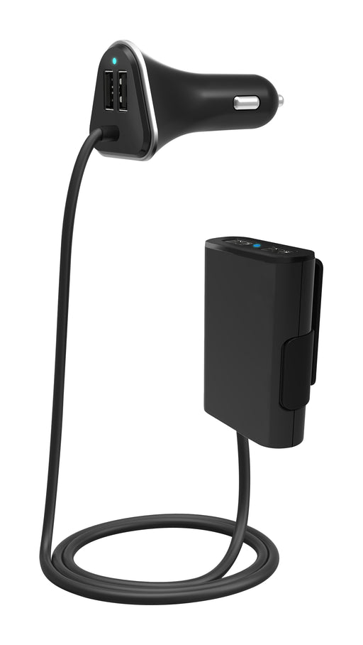 The Mean Mother 4x4 Charger Usb Blk 4 Port In Car is a black car charger featuring four USB ports, a long cable, and a rectangular black adapter. Both the charger and adapter include small LED indicator lights.