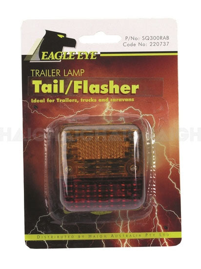The Mean Mother 4x4 Trailer Lamp 3" Sq. Red/Amber comes in blister packaging with red lightning graphics, labeled for trailers, trucks, and caravans. The lamp is visible through a clear plastic case.