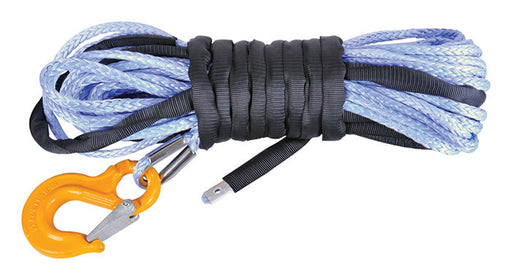 The Mean Mother 4x4 Synthetic Rope 10mm x 45m features a yellow metal safety hook and is wrapped in black protective covering.