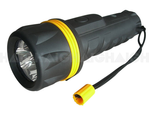 A Mean Mother 4x4 Torch Rubber 3 Led (6Pc Display Carton) in black with a yellow ring near the lens and a wrist strap attached, lies on a white surface.