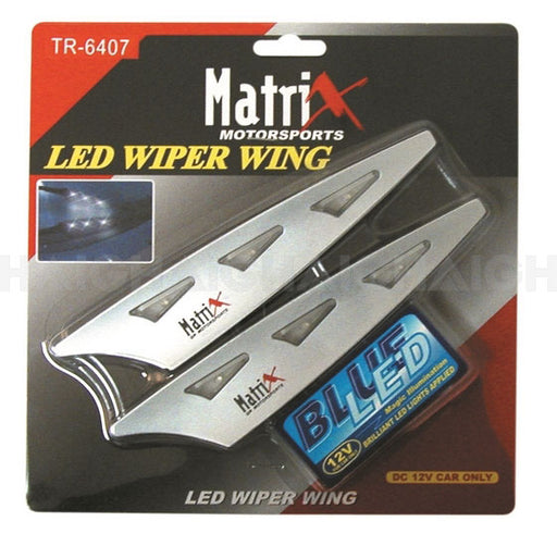 Mean Mother 4x4 Wiper Wing Illuminated package displays two silver wiper wings with cut-out designs, a blue LED light, and branding on a red and black background. For 12V vehicles only.