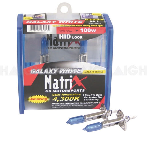 A package of Mean Mother 4x4 Globe Qh H1 12V 55W Galax headlight bulbs. Two blue-tipped bulbs are shown outside the box.