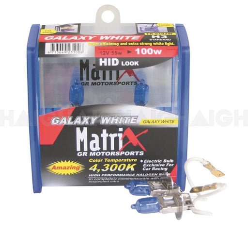 A package of Mean Mother 4x4 Globe Qh H3 12V 55W Galax halogen headlight bulbs, featuring blue-tinted car bulbs in clear plastic and cardboard packaging.