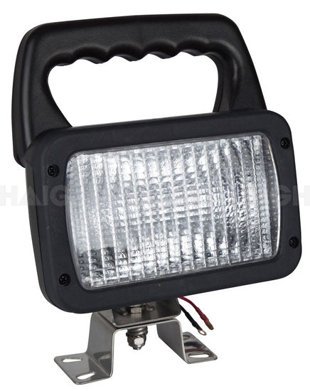 The Mean Mother 4x4 Worklight 12V 35W HID Rect W/Handle features a black handle, rectangular clear lens, metal mounting bracket, and attached wires for easy electrical connection.