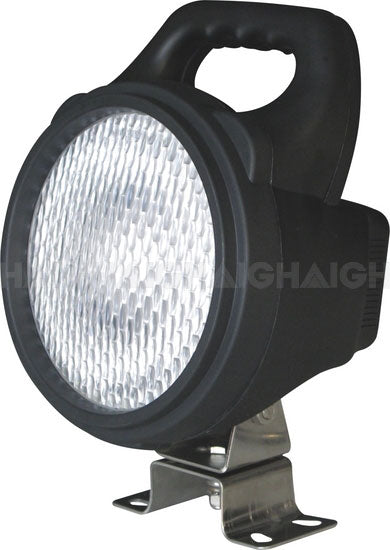 The Mean Mother 4x4 Worklight 12V 35W HID Round features a black textured lens, carrying handle on top, and metal mounting bracket at the base.