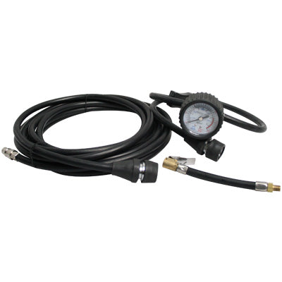 The Mean Mother 5m Air Hose with Gauge, a durable and black coiled rubber air hose, includes various connectors such as a pressure gauge and a brass nozzle. This setup is ideal for use with Mean Mother Dr Air air compressors, making it perfect for tasks like inflating tires or other pneumatic applications.