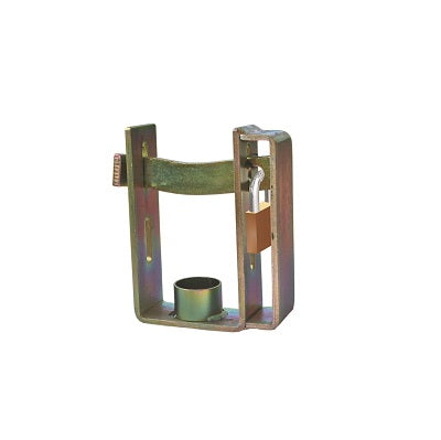 The Cargo Mate Trailer Coupling Lock, produced by Cargo Mate, is designed for securing a gate. Crafted from hardened steel with a protective zinc-plated finish, the lock features a rectangular frame with a curved, spring-loaded arm at the top and a circular sleeve at the bottom. It incorporates a key-operated lock mechanism on the right side.