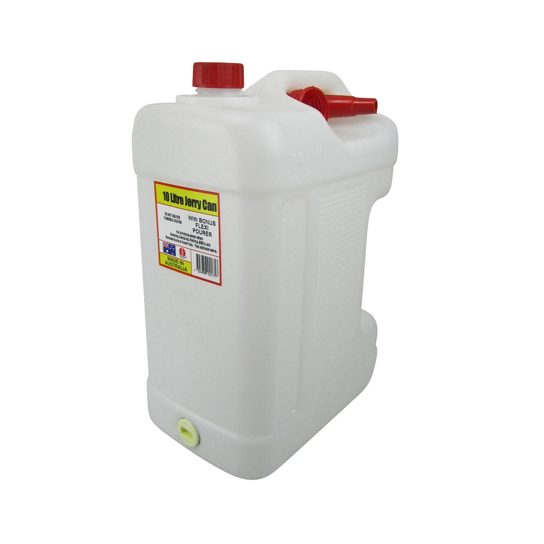 A 10-litre white plastic water container by Cargo Mate, BPA-free, featuring a red cap and spout. This Australian-made Cargo Mate® product includes a carrying handle and a side label with detailed information.