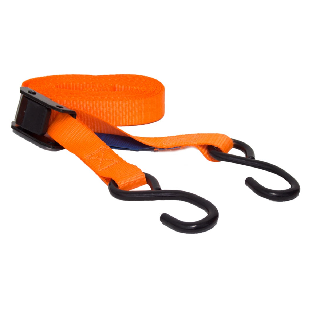 The Cargo Mate Cam Buckle Tie Down, measuring 25mm x 3.6m, features a vibrant orange polypropylene webbing with a ratchet buckle and two black metal S-hooks at each end, neatly coiled for enhanced lashing capacity when securing cargo or items during transport.