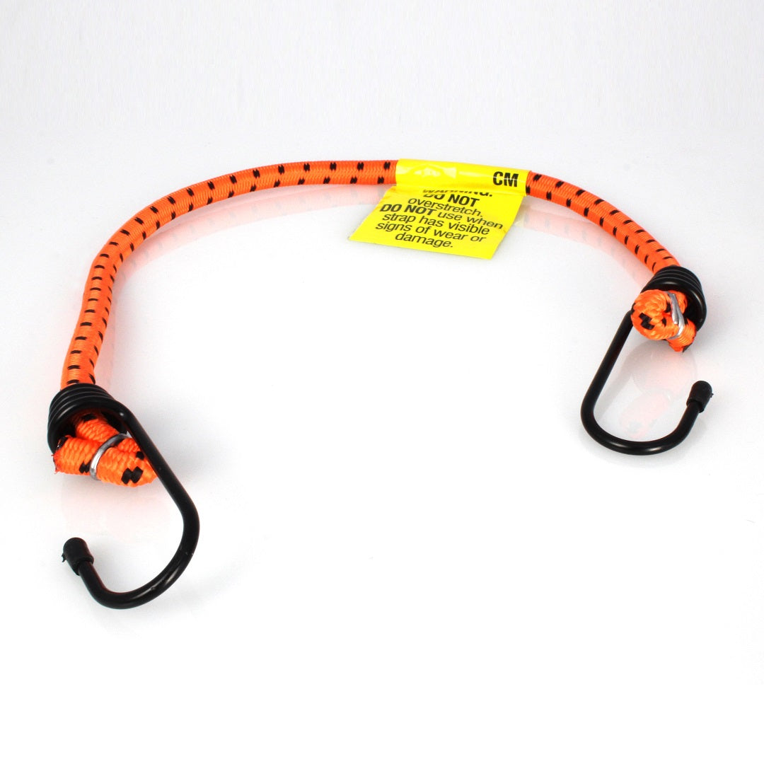 The Cargo Mate Occy Strap - 45cm by Cargo Mate is a 10mm orange elastic cord featuring black plastic-coated hooks on both ends. The cord is adorned with small black markings along its length and includes a yellow caution tag with instructions at its center. Ideal for use as a luggage strap, the hooks are designed for securely fastening items.