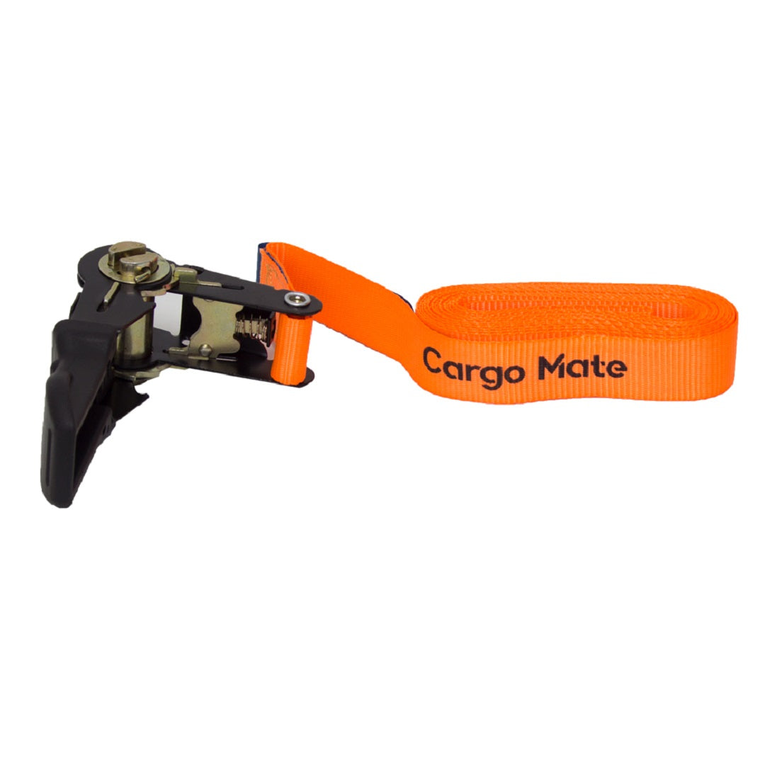 The Cargo Mate Ratchet Tie Down - 25mm x 4.3m is an orange strap with a black handle and metal components, featuring durable polypropylene webbing for securing cargo. The strap is coiled neatly beside the ratchet mechanism.