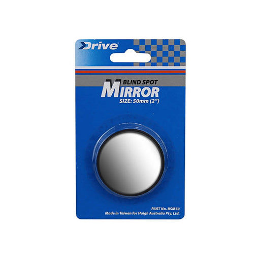 The packaging for the Drive Blind Spot Mirror 50mm is blue with white and red text, featuring a round convex mirror measuring 50mm (2 inches) in size at the center. This stick-on mounting product, which has part number BSM50, is made in Taiwan for High Australia Pty. Ltd.