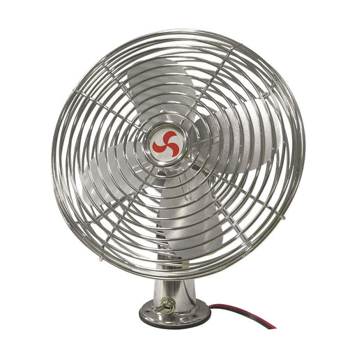 The Drive HD 8" Car / Caravan Fan by Drive is a compact, heavy-duty fan featuring a chrome finish and a protective wire grill. This 12-volt fan has four blades and a small circular base, designed to be ideal for use on tables or desks. A red and black wire extends from its hard-wired 12V base, ensuring easy connection.