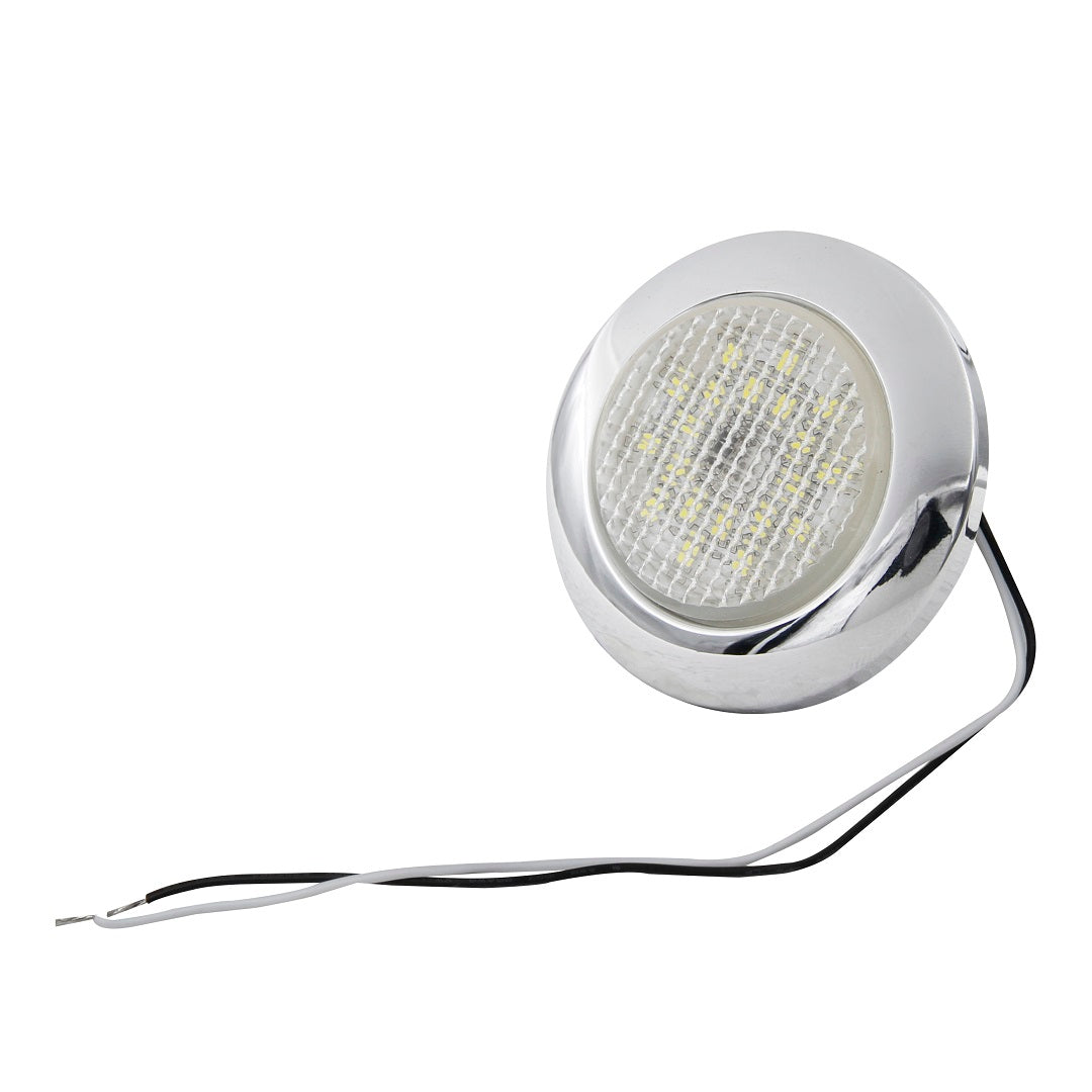 The Eagle Eye LED Dome Light - 50mm by Eagle Eye is a round, silver light featuring a textured lens with 20 LEDs. It has two wires extending from the back, one black and one white, both with exposed ends. This IP66 rated dome light is water-resistant and can be designed for either recessed or surface mounting.