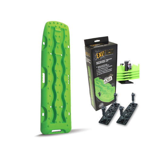 The green Recovery Board 1110 Series features a wave-like pattern and comes with a matching black and green box that highlights the Exitrax brand. This set includes a recovery board mounting kit equipped with black brackets and bolts, designed specifically for off-road vehicle recovery. Benefit from peace of mind, thanks to the included lifetime warranty.