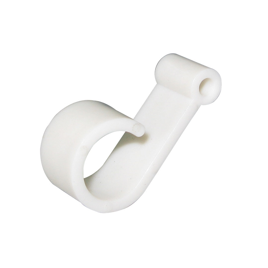 The Explore Caravan/RV Awning Rail Hanger Clips - 10pk by Explore, crafted from durable white plastic, are ideal for motorhome accessories. Each clip features a circular opening on one end and a flat, tapered extension on the other. Designed to secure cylindrical objects, the circular opening includes a small gap for increased flexibility. These clips seamlessly integrate into any dual track system.