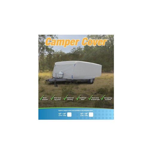 The image displays the Explore Camper Trailer Cover 3.7m - 4.2m, a product by Explore, draped over a trailer in a grassy outdoor setting with trees in the background. Text emphasizes its features: various size options, reinforced stitching, scratch-resistant materials, convenient zipper door access, and an included storage bag.