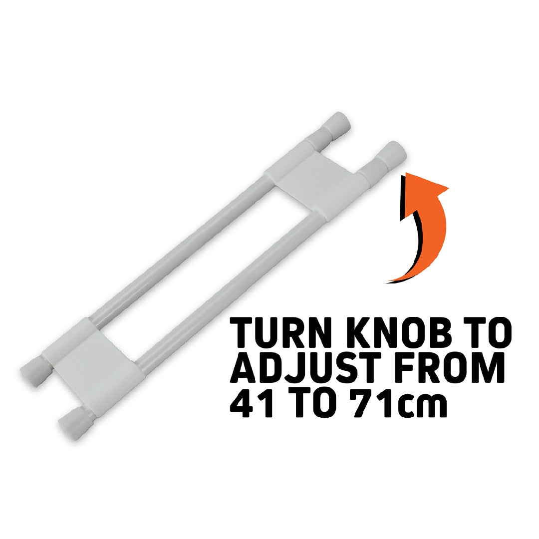 The Explore Caravan & RV Fridge Bars 41-71cm, by Explore, feature an adjustable design with a white expandable rod. The instructions state: "Turn knob to adjust from 41 to 71 cm," and an orange arrow highlights the adjustment mechanism. This makes it ideal for securing items in your RV refrigerator or functioning as caravan fridge bars.