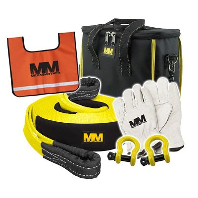 The Mean Mother 4x4 Recovery Kit 8,000kg Combo Pack, ideal for any 4WD enthusiast, includes a yellow snatch strap, two D-ring shackles, white gloves, an orange safety vest, and a black carrying bag with a yellow handle. The items are laid out together showcasing the Mean Mother brand logo on each piece.