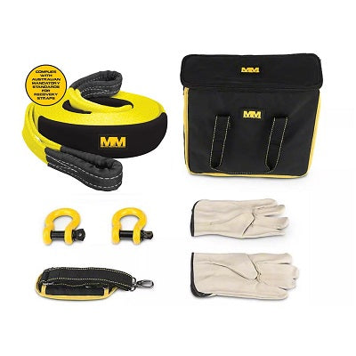 The Mean Mother 4x4 Recovery Kit, a must-have for any 4WD enthusiast, features a striking yellow and black design and includes a storage bag, two shackles, an 8,000kg snatch strap, and a pair of work gloves. The bag and strap are prominently marked with the "MM" initials.