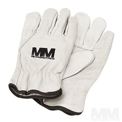 A pair of white leather recovery gloves from the Mean Mother Snatch Strap 8,000kg Safety Bundle, featuring "MEANMOTHER" and "MM" printed in black on the back. Reinforced with nylon webbing, these gloves offer durability and are perfect for heavy-duty or outdoor work, ensuring a secure grip when handling snatch straps or other equipment.