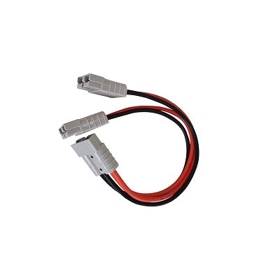 The Mean Mother 50Amp Anderson Style Connector Splitter Piggyback Lead features a set of gray connectors attached to short black and red wires. These connectors are positioned opposite each other, indicating they can be plugged together. The intertwined wires make this product suitable for electrical or electronic use, ideal for automotive applications.