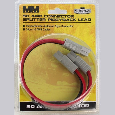 The Mean Mother 50Amp Anderson Style Connector Splitter Piggyback Lead comes with polycarbonate Anderson-style connectors and 30cm 10 AWG cables. The packaging showcases two connectors on one end and a single connector on the other, featuring black and red cables, making it perfect for automotive applications.