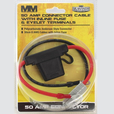 The packaging showcases the Mean Mother 50Amp Anderson Style Connector Cable with an inline fuse and eyelet terminals, perfect for automotive applications. This 30cm, 8 AWG cable features a durable polycarbonate Anderson style connector and comes with a 12-month warranty from MM. Experience the reliability of Mean Mother!