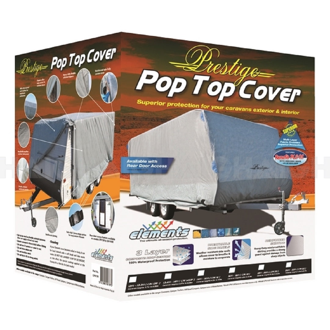 Box packaging for the "Prestige Pop Top Caravan Cover 3.7m - 4.07m" by Prestige showcases images and detailed descriptions. It emphasizes protection for caravans with its waterproof fabric and breathable side panels. Key features include a three-layer design and zippered door access, set against a landscape image featuring a covered caravan in the background.