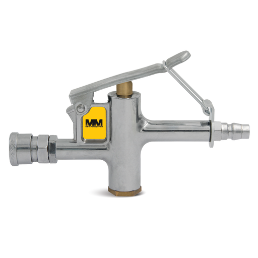 The Mean Mother Adventurer 4 â€“ 180lpm Air Compressor Bundle includes a silver metallic blow gun adorned with a yellow and black MM logo on its side. This blow gun features an upward-angled lever handle secured by a metal clip, a hose connection on one end, and a nozzle on the other.