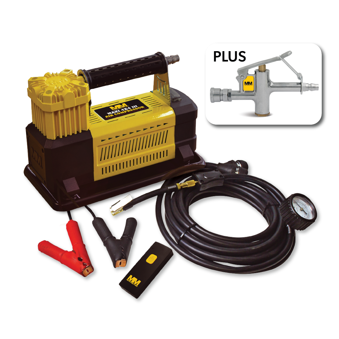 The Mean Mother Maxi 4x4 3 - 110lpm Air Compressor Bundle, from the brand Mean Mother, is a vibrant yellow and black portable tire inflator kit. It includes a 110LPM air compressor, pressure gauge, air hose, clamps, and nozzle attachment. A small inset highlights an accessory labeled "PLUS," and the main unit features a convenient carry handle ideal for all your 4x4 adventures.