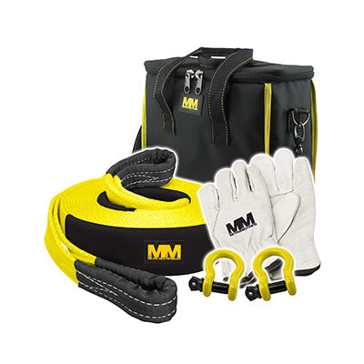 Introducing the 4WD Recovery Kit 8,000kg Combo Pack 5pc by Mean Mother 4x4—a must-have for any 4WD enthusiast. This kit includes a striking yellow and black snatch strap, a pair of white gloves featuring the black MM logo, two robust yellow and black towing shackles, and a stylish black storage bag with bold yellow accents prominently displaying the MM logo.